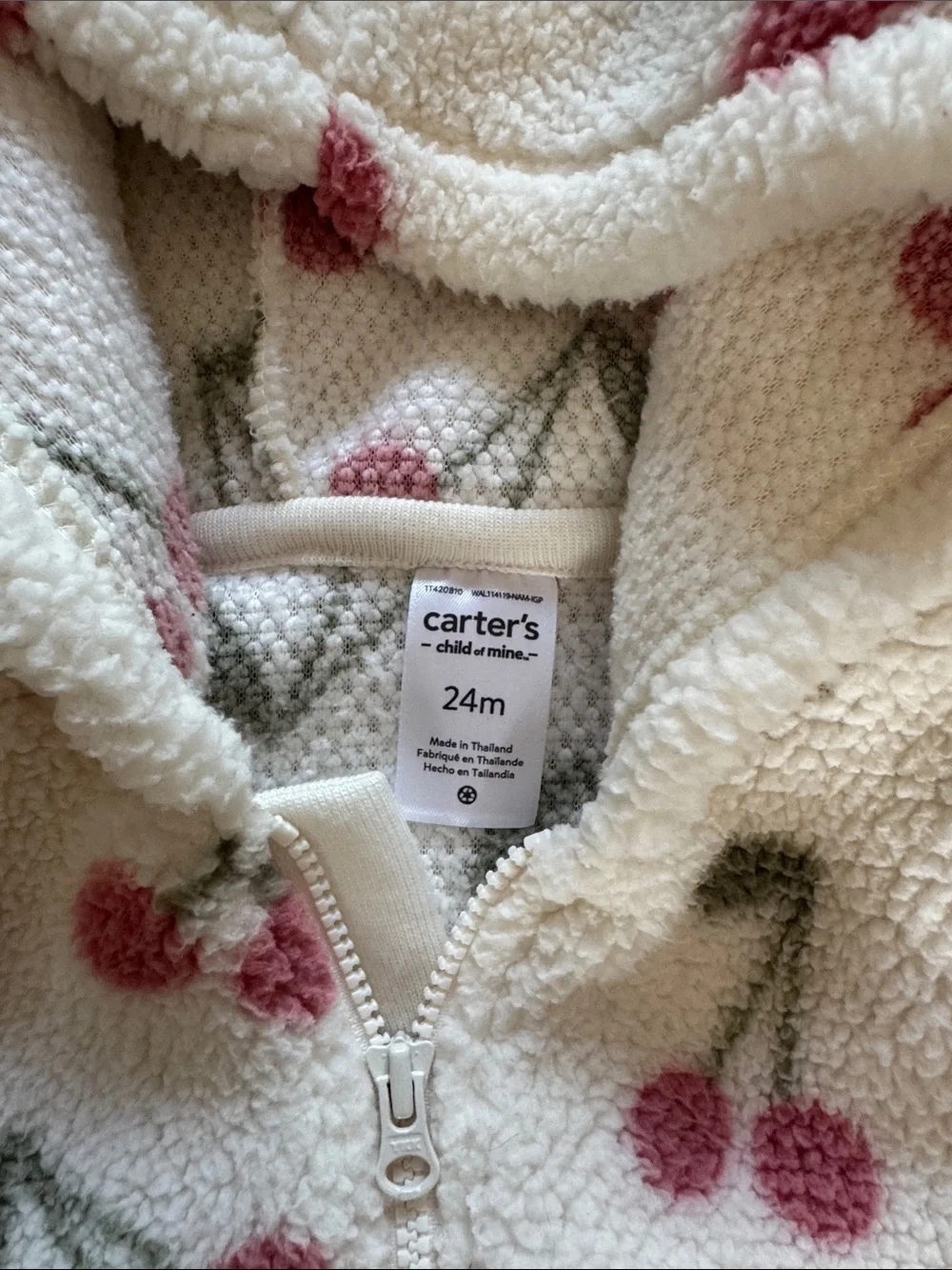 Carter's Plush Hooded One-Piece Rompers in Pink and Cream Cherry Print